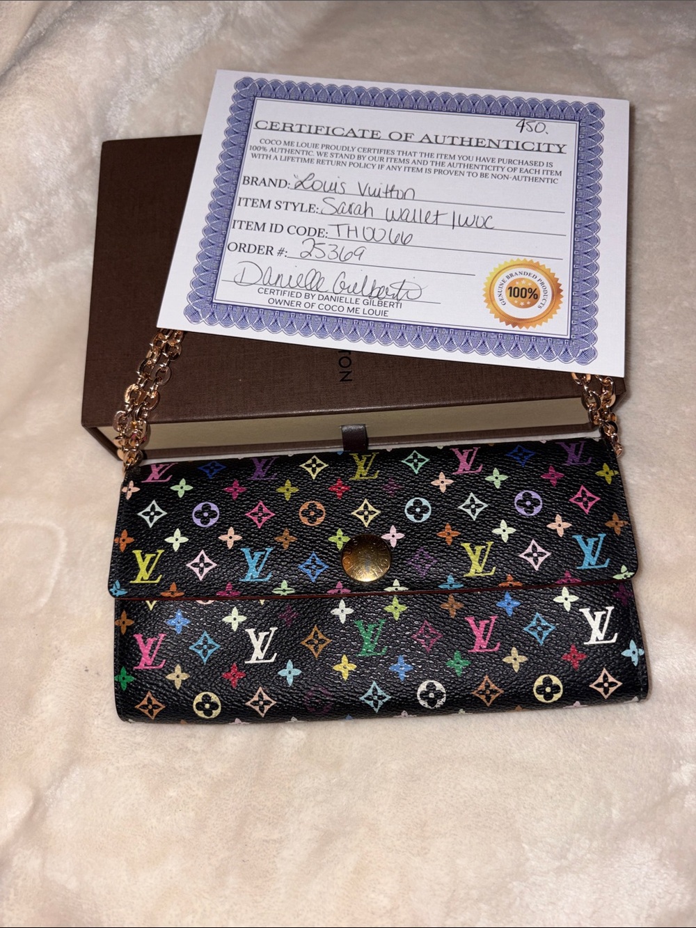 Louis Vuitton X Murakami black Sarah wallet with COA and chain insert and box.